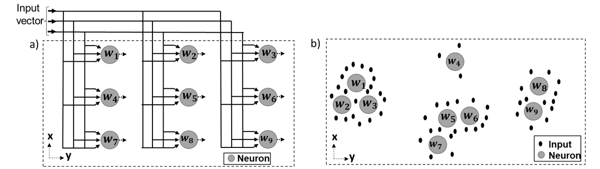 Figure 1: (a) an input vector feeding a SOM of nine neurons w1 to w9 on a 3 by 3 lattice; (b) a 2-D feature map where the nine neurons sit among clusters of input points.